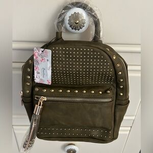 NWT BRENTANO Vegan Studded Mini Backpack with Tassel Accents Olive